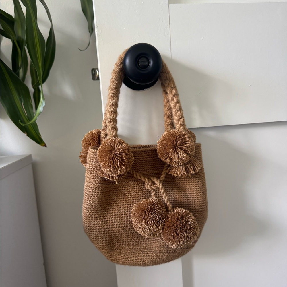 Braided Tan Pom-Pom Mini Bag